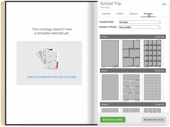 The layout picker with page designs grouped by page type